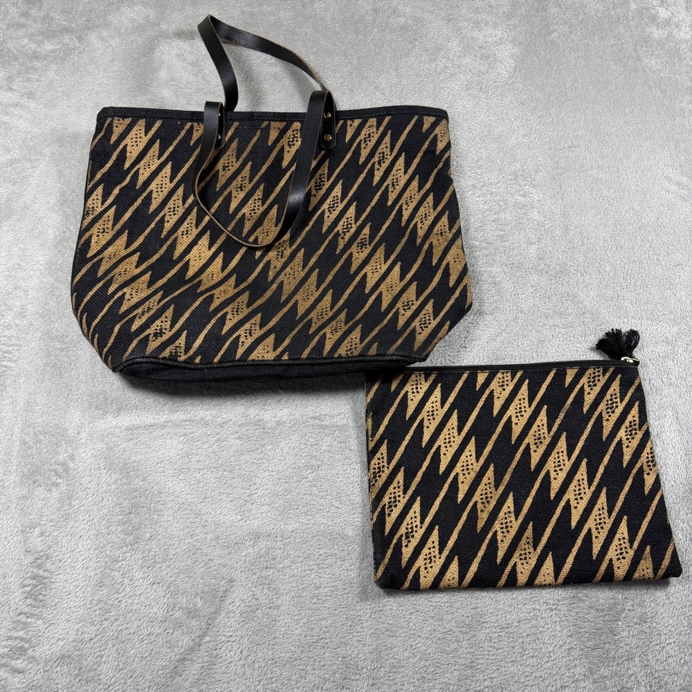 Manaola Tote Bag Women Large Black Gold Geometric Canvas Pouch Set